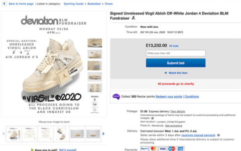 OFF-WHITE x Air Jordan 4 “Sail” 拍卖结束 AJ4OW联名米黄色拍卖款20万刀成交 货号：CV9388-100
