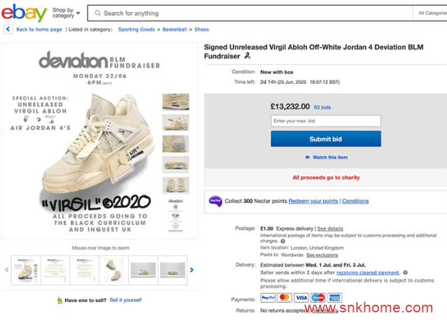 OFF-WHITE x Air Jordan 4 “Sail” 拍卖结束 AJ4OW联名米黄色拍卖款20万刀成交 货号:CV9388-100