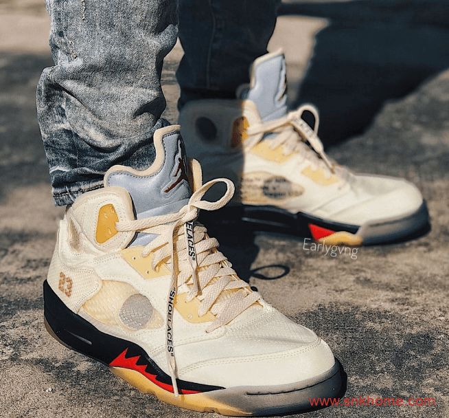 AJ5三十周年限定 AJ5OW联名款 OFF-WHITE x Air Jordan 5 “Sail”实物图曝光 货号:DH8565-100