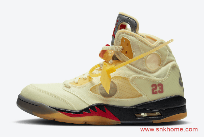 耐克AJ5OW联名蝉翼黄色高帮球鞋 OFF-WHITE x Air Jordan 5 “Sail”美国官网上架 货号:DH8565-100