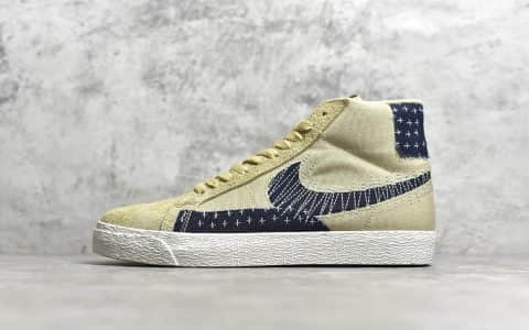 耐克开拓者卡其单宁刺子绣 NIKE SB Blazer Mid Premium"Sashiko Sesame" 耐克乞丐鞋 货号：CT0715-400