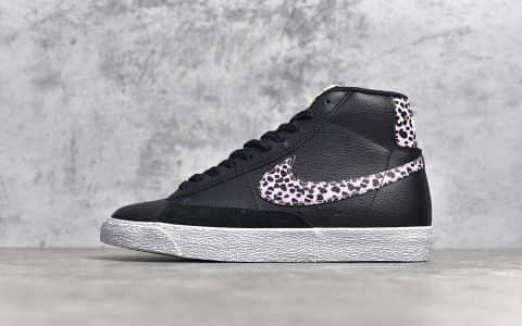 耐克开拓者黑色高帮 NIKE ZOOM BLAZER MID 黑粉豹纹勾 耐克头层荔枝皮 货号:黑粉豹DA4674 001