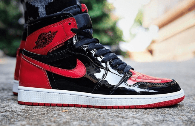 AJ1黑红禁穿复刻发售 Air Jordan 1 High OG “Bred Patent” AJ1黑红漆皮高帮上脚图 货号:555088-063