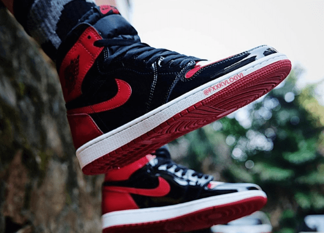 AJ1黑红禁穿复刻发售 Air Jordan 1 High OG “Bred Patent” AJ1黑红漆皮高帮上脚图 货号:555088-063